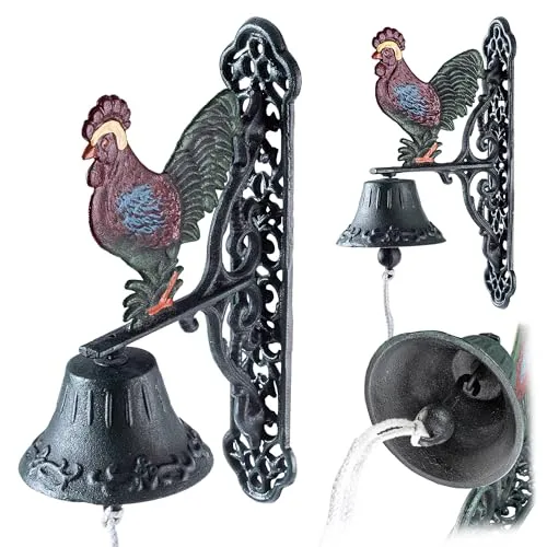 KADAX Türglocke aus Gusseisen, Gartenglocke mit Kordel, Dekorative Wandglocke im Rustikalen Stil, Glocke für Außentür, Wandmontierte Türklingel (Bunt)