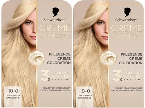 Schwarzkopf Creme Supreme Coloration 10-0 Ultra-Helles Naturblond (2x 182 ml), dauerhafte Haarfarbe mit Serum und Haar-Maske schützt vor sichtbaren Haarschäden, für 100% Grauabdeckung
