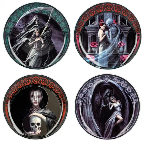 Figuren Shop GmbH Dance with Death Teller Set – 4 Gothic Dekoteller - 4-teiliges Set mit einzigartigem Totenkopf-Motiv, aus hochwertigem Porzellan gefertigt. Ideal für Gothic-Dekoration und besondere Anlässe.