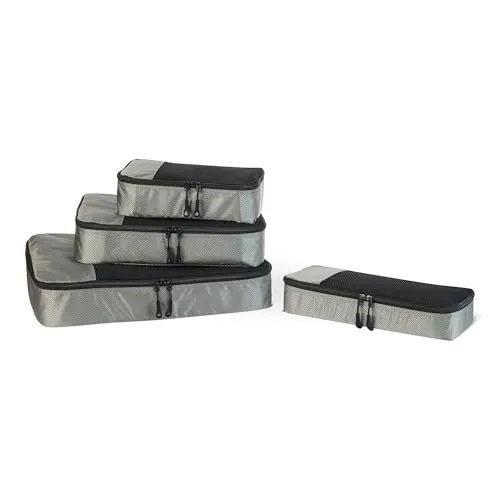 Amazon Essentials 4-teiliges Packwürfel-Reisezubehörset, Gepäckorganizer mit Doppelreißverschluss, Netzoberseite, 100% Polyester, klein/mittel/groß/schmal, grau (früher Amazon Basics)
