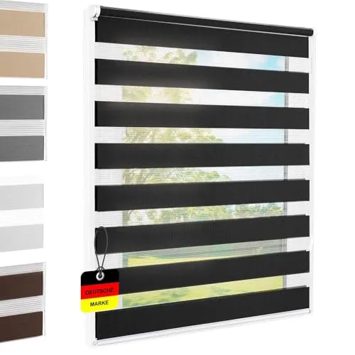 Doppelrollo Klemmfix ohne Bohren Schwarz 50x140 cm [Stoffbreite 46cm] Duo Rollo Fensterrollo für Fenster/Türen Gardine Klemmrollo Seitenzugrollo Sichtschutz Sonnenschutzrollo Zebrarollo