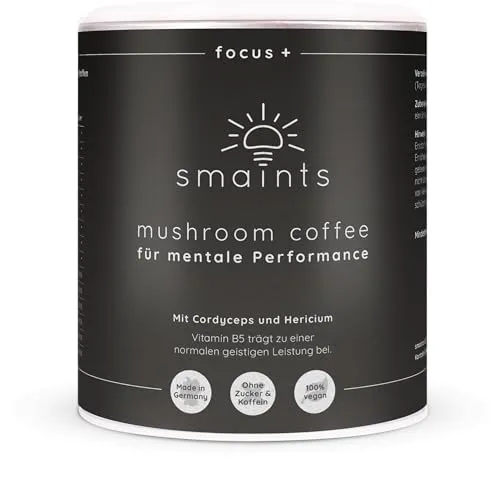 smaints Mushroom Coffee | Koffeinfreier Mushroom Coffee mit Lions Mane (Hericium) & Cordyceps | Adaptogene Vitalpilze | Swiss Water Verfahren | Ohne Koffein & ohne Zucker | Instant Mushroom Coffee