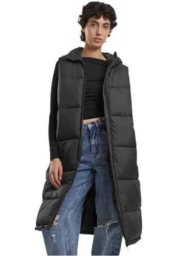 Urban Classics Ladies Long Hooded Puffer Vest, Schwarz, M - Funktionsjacke für Damen, ideal für kalte Tage und Übergangszeiten, leicht und kombinierbar mit Hemden und Pullovern, perfekt für Layering.