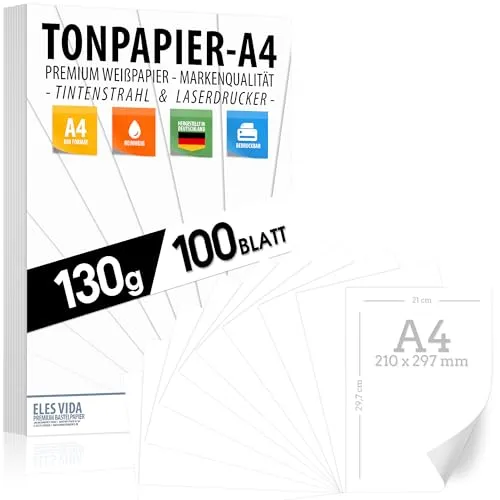 BLATT weißes Tonzeichenpapier 130g/m² - PREMIUM PAPIER Reinweiß - DIN A4-21 x 29,7 cm - Druckerpapier Weiss unbedruckt für Fotografie, Präsentationen, Basteln, FOTOKARTON, Karton - MADE IN GERMANY 100