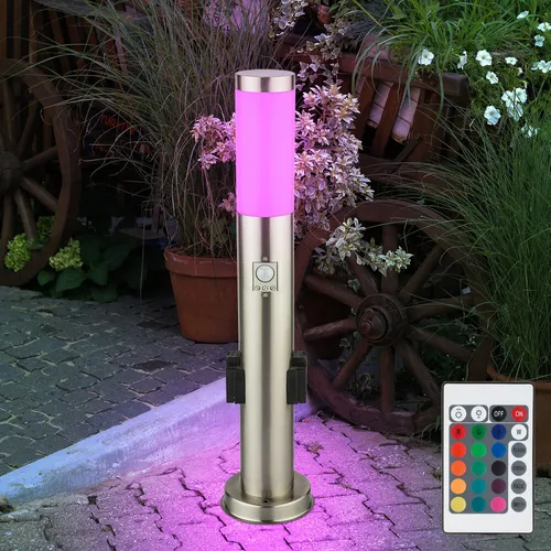 Stehlampe Garten dimmbar mit Fernbedienung - Edelstahl-Außenstehleuchte mit Bewegungsmelder, 2 Steckdosen und RGB LED für stimmungsvolle Beleuchtung. Ideal für Gartenwege und sichere Außenbereiche.