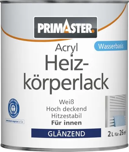 Primaster Acryl Heizkörperlack 2 L - Weiß glänzend - Speziallacke für Heizkörper, schnelltrocknend und hitzebeständig für ein perfektes Finish.