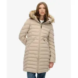 Superdry Damen W5011999A Fuji Faux Beige Mantel (XXL) - Lässiger mittellanger Mantel aus recyceltem Polyester mit schmaler Passform und abnehmbarer Kapuze. Praktische Taschen und doppelter Reißverschluss bieten Funktionalität und Stil für die Übergangsmonate.