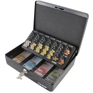 HMF Geldkassette 1001502, Zylinderschloss, 30x9x24 cm, schwarz - Card-Reader mit Zählbrett und 8 Münzfächern, ideal für sicheres Verstauen und einfaches Zählen von Bargeld.