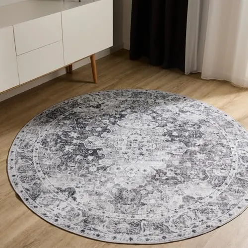 benuta Basic Waschbarer Teppich George - Anthrazit 120 cm Rund - Pflegeleicht und Modern - Vielseitiger Vintage-Teppich für Wohnzimmer und Schlafzimmer, mit rutschfester Rückseite für sicheren Halt. Maschinenwaschbar bei 30°, ideal für Haushalte mit Kindern und Haustieren.