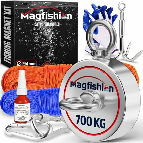 MAGFISHION Magnetfischen Mega Set - 700 KG - Neodym Magnet mit Zubehör - Seltenerdmagnete mit 700 KG Zugkraft, inklusive 2 Seilen, Greifhaken und Handschuhe für einmalige Funde beim Magnetangeln.