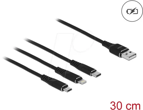 DELOCK 87152 - Ladekabel, USB-A -> micro USB, Lightning & USB-C, schwarz, 30 cm
