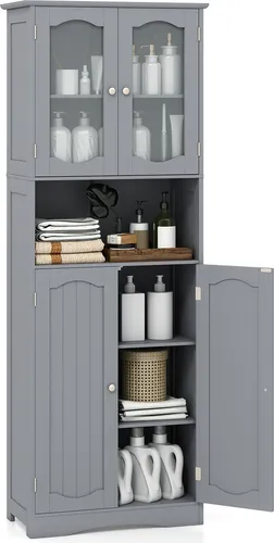 COSTWAY Badezimmerschrank mit 4 Türen und offenem Fach - Moderner Hochschrank für Ihr Bad mit 2 Milchglastüren und 2 verstellbaren Regalen. Bietet viel Stauraum und einfachen Zugriff auf häufig genutzte Artikel, sicher dank Kippschutz.