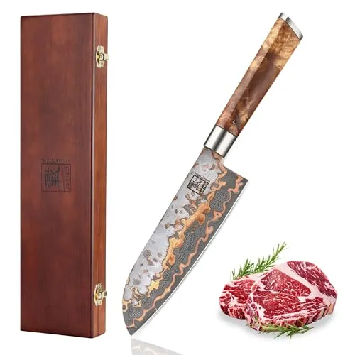 MysticMagma Santoku Messer 17,5 cm – Damaststahl mit DualCurve Griff - Küchenmesser mit 67 Lagen Damaststahl und ergonomischem DualCurve Griff aus Ahornwurzelholz. Ideal für präzise Schnitte von Fleisch, Fisch und Gemüse – ein Must-Have für Kochliebhaber!