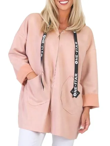 simaranda Sweatjacke Damen mit Kapuze Hoodie lange Übergangsjacke Kurzmantel uni mit Zipper 5325 (DE/NL/SE/PL, Numerisch, 36, 42, Regular, Regular, Rosa)