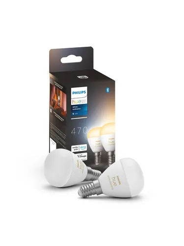 Philips Hue White Ambiance Luster E14 2 Pack - Energiesparlampen mit 2 Philips Hue Luster E14 Glühbirnen, die warmes und kühles Licht bieten. Perfekt für individuelle Lichtgestaltung und einfache Steuerung über App und Sprachbefehle.