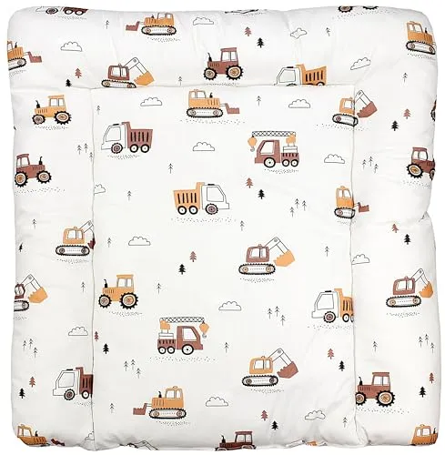 TupTam Baby Wickeltischauflage mit Baumwollbezug Gemustert, Farbe: Baufahrzeuge/Bagger/Beige, Größe: 70 x 50 cm