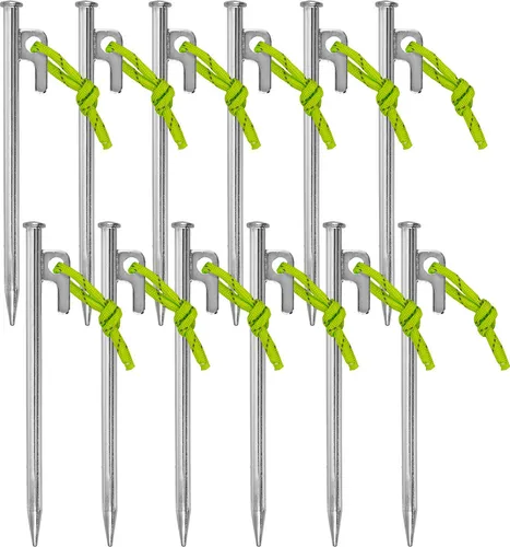 Zelthering 12 Stk. 20 cm mit P-Haken und einem Stück fluoreszierender Leine - stabiler Hering aus verzinktem Stahl, 9 mm Ø, für harten Boden, Camping, Vorzelte, Zelte, Pavillons
