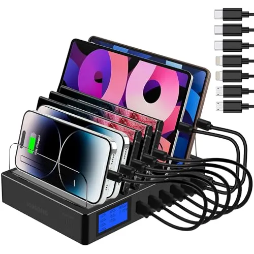 Schnellladestation PD20W QC3.0 Multi-USB-Anschlüsse, 7-in-1 Ladestation für mehrere Geräte mit LCD-Display Kompatibel für iPhone iPad Samsung Huawei und mehr (Schwarz)