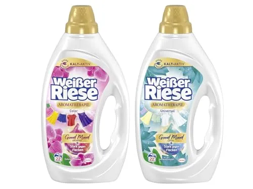 WEISSER RIESE Gel-Set 2x 22 Waschladungen (44WL) Aromatherapie 1x Color Orchidee & 1x Universal Lotus, mit Good Mood-Duft für unwiderstehlich duftende & strahlend saubere Wäsche