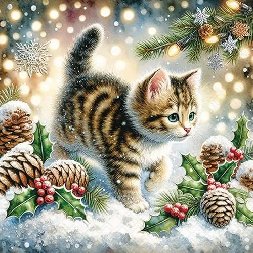 Servietten Weihnachten Katze im Schnee unterwegs als Tischdeko. Papierservietten mit Motiv. Auch für Decoupage und Serviettentechnik 33x33cm 20
