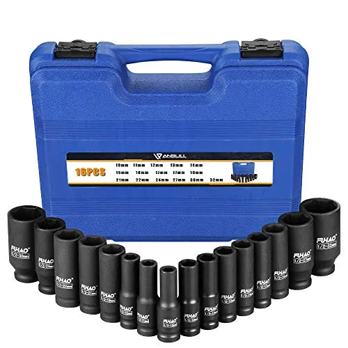 Anbull Schlagschrauber Nüsse Set, Langnuss set, 1/2 Zoll 16-teilig Impact Socket Set,10mm-32mm Antrieb Sechskant Nüsse,CR-v Material