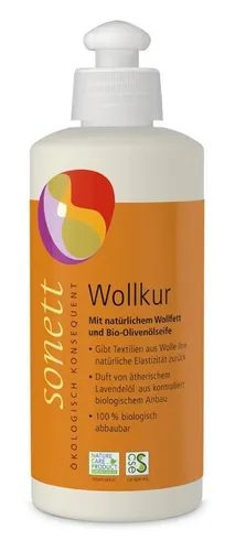 Sonett Wollkur 300ml - Hochwertiges Wollwaschmittel - Wollwaschmittel für empfindliche Wolle und Seide, mit Arzneibuchqualität und biologischen Inhaltsstoffen, ideal für schonende Pflege.