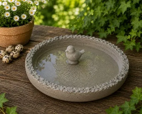 Beton Vogeltränke mit Vogel-Figur – Wetterfestes Vogelbad & Pflanzuntersetzer für Garten