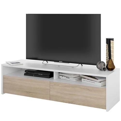 Moderner Wohnzimmer-TV-Ständer mit Vasistas-Türen - TV-Halterungen mit zwei Vasistas-Türen und zwei Fächern, modernes Design in Weiß mit Eichenholz-Elementen, ideal für ein aufgeräumtes Wohnzimmer und ausgestattet mit praktischem Kabelausgang.
