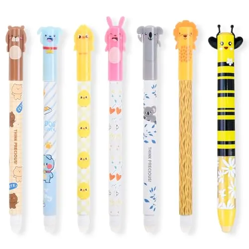 REBECCAHOWARD 6 Stück Radierbarer Kugelschreiber, 0,5mm Gelstifte Radierbar Tintenroller Radierstift mit Schwarzer Tinte Radierbare Stifte Tiere Erasable Pen, mit 1 Stück 0,7mm Gelstift