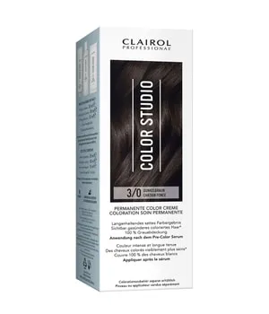 Clairol Professional Color Studio Permanente Haarfarbe Dunkelbraun 3/0 (110 ml) – mit Metal-Purifier für 6 x weniger Haarbruch, 10 Wochen sattes Farbergebnis & 100 % Grauabdeckung – inkl. Haarkur