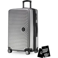 Mitte - mittelgroßer Koffer + digitaler Namensschild, erweiterbarer Reisekoffer Check-In Gepäck Rollkoffer 90L Gurtmaß 158 cm Doppelrollen Troll... - Silber