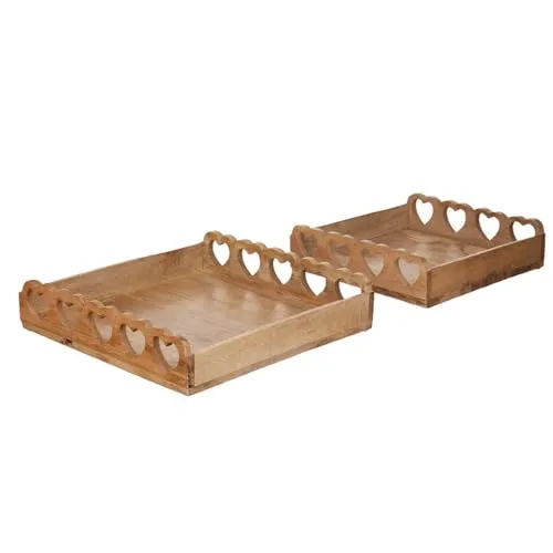 MACOSA HO704192 Holztablett Herz 2er Set Braun 30 cm Holz rechteckig mit Griffen Tablett Dekotablett Tisch-Dekoration Kerzenteller Servierplatte Obsttablett Wohn-Accessoire modern