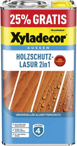 Xyladecor Holzschutzlasur 2in1 4+1L gratis - 25% mehr für Ihren Holzschutz - Holzlasuren, schützt und veredelt Holzoberflächen, jetzt mit 25% gratis im Aktionsgebinde!