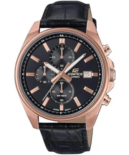 CASIO EDIFICE Chronograph EFV-610ECL-1AUEF - Chronograph für Herren mit Quarzwerk, 10 bar wasserdicht, elegante Kombination aus schwarzem Lederarmband und roségoldfarbenem Edelstahlgehäuse.