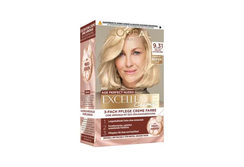 LOreal-Paris Haarfarbe ColorationExcellence Creme Age Perfect Nudes 9.31 Helles Goldblond - Hochwertige Haarfarbe für strahlende Ergebnisse, ideal für ein sanftes, natürliches Blond. Perfekte Pflegeformel für lebendigen Glanz und geschmeidiges Haar. Ideal für die Haarfärbung zuhause! 1 Stk. (6,99 €)