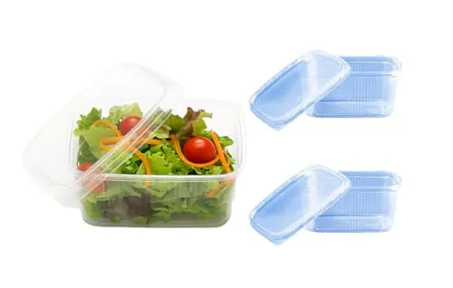 Lauroo 50 Stück Feinkostbecher mit Deckel 250ml | Rechteckig, transparent | PP Kunststoff | Salatbecher | Salatbox - To Go Verpackung für Feinkost, Obst, Gemüse, Dips & Snacks