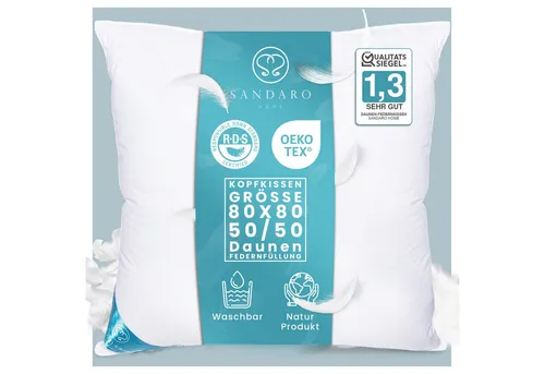 Sandaro Home Daunenkissen 1500 gr - 80 x 80 cm, 50% Daunen & 50% Federn - Kissen mit optimalem Liegekomfort aus 50% Daunen und 50% Federn, robuster Baumwollbezug, waschbar bis 30°C, MADE IN EU für erholsamen Schlaf.