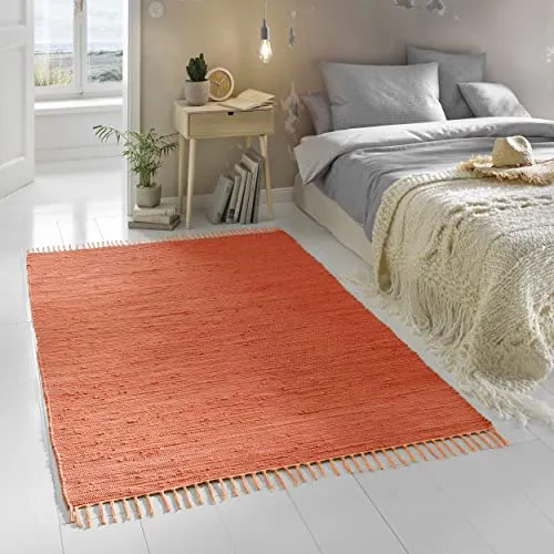 TacaHome Flicken-Teppich 100% Baumwolle I Waschbarer Fleckerl mit Fransen I Esszimmer Küche Badezimmer Wohnzimmer Kinderzimmer | 60 x 120 cm Terracotta
