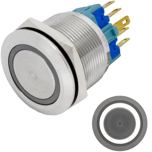 Edelstahl Drucktaster Flach Ø25mm Ring LED Kalt Weiß IP65 2,8x0,5mm Pins 250V 3A