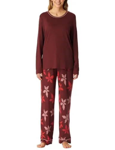 Schiesser Damen Schlafanzug Set lang - Komfortable Nachtwäsche - Langer Pyjama für Damen in Burgunderrot mit floral gemusterter Hose und unifarbenem Hemd. Bequeme Passform aus weicher, nachhaltiger Baumwolle für entspannte Nächte. Auch in großen Größen erhältlich.