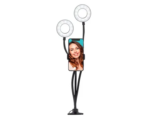 Grundig Ringlicht mit Handyhalterung - 2x Ø9cm Ring Light mit 48 LEDs und 3 Lichtmodi - Optimieren Sie Ihre Videos mit dem Grundig Ringlicht. Dank 3 Helligkeitsstufen und einem flexiblen Arm ist es ideal für Selfies, Live-Streams und Video-Chats. Kompakt und tragbar für einfachen Einsatz überall.