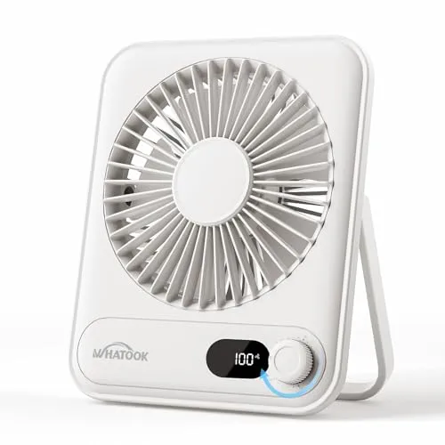WHATOOK USB-Tischventilator: Stufenlos 1-100 Regler, Leiser 2000mAh Akku Tragbarer Lüfter mit LED-Anzeige, Sicher für Kinder/Haustiere, Ultra-Kompakt für Büro, Zuhause, Küche, Reise(Weiß)