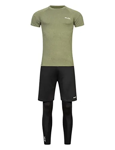 JELEX Sportinator Herren 3-teiliges Fitness-Set bestehend aus Shirt, Leggings und Shorts, für alle Sport- und Fitnessaktivitäten. In den Größen S bis XXL,(Grün, XL)
