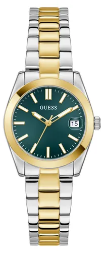 Guess Damen Armbanduhr Alice mit Datumsanzeige, Bicolor Edelstahlarmband - Elegante Damenuhr von GUESS mit bicolor Edelstahlarmband und grünem Ziffernblatt. Der Gehäusedurchmesser von 32 mm und die Wasserdichtigkeit bis 3 Bar machen sie zum perfekten Begleiter für jeden Anlass.