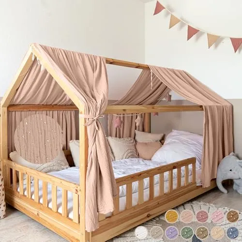 lilimaus Hausbett Himmel mit Gold Applikation - 100% Baumwolle - Baby Betthimmel & Himmelstangen - Handgenähter Himmel aus weichem Musselin, schafft eine gemütliche Kuschelatmosphäre und ist in 12 Farben erhältlich.
