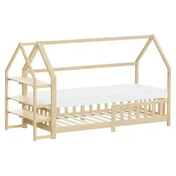 ML-Design Kinderbett 90x200cm mit Matratze & Rausfallschutz - Modernes Hausbett für kreative Kinder - Praktisches Kinderbett 90 x 200 cm mit Matratze und integriertem Rausfallschutz. Hergestellt aus robustem Kiefernholz, bietet es sicheren Schlaf und zusätzlichen Stauraum durch das seitliche Regal.