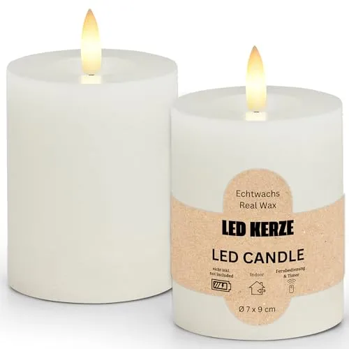 LED Stumpenkerzen 2er Set aus Echtwachs mit Timerfunktion inkl. Fernbedienung - Kerzen realistisch flackernde Flamme warmweiß Ø 7 x 9 cm - Elektrische Wachskerzen in Weiß als gemütliche Tischdeko