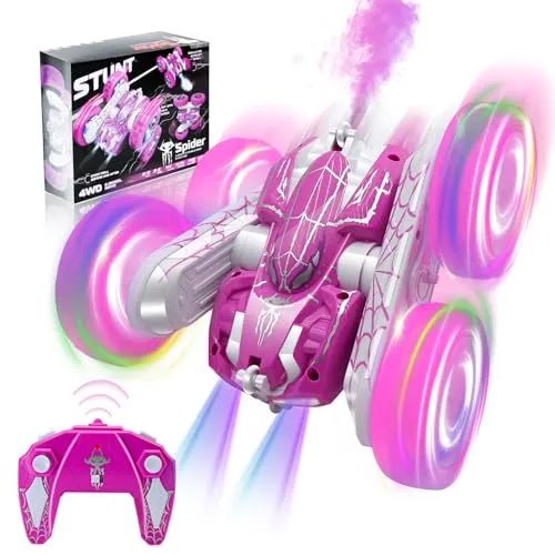Ferngesteuertes Auto mit Sprüheffekt & LED-Lichtern, 360°-Doppelseitige 2.4GHz 4WD All-Terrain Spider RC Auto für Kinder, Stunt Car Spielzeug für Jungen & Mädchen ab 4 Jahren (Rosa)
