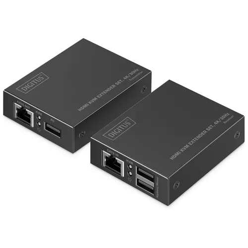DIGITUS HDMI KVM Extender 4K/30Hz schwarz - Videokabel & -stecker, ermöglicht die Übertragung von 4K-Video und USB-Signalen über große Entfernungen, ideal für professionelle Anwendungen.