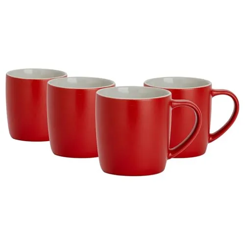 Argon Tableware 4X 350ml Matt Farbig Kaffeebecher - Rot - Keramik Steingut Tee Latté Cappuccino Tassen-Set mit Griff